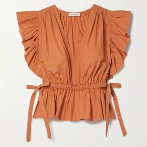 Ulla Johnson 10‎ Iyla Flutter Sleeve Peplum Blouse Clay Orange V-Neck Side Ties